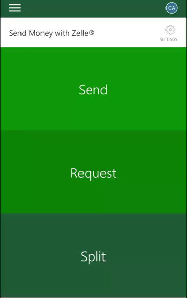 Td bank screen of choosing to split the bill via Zelle