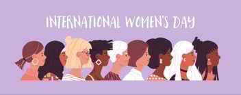 Series of women of different origin, religion and skin color. Above a banner reads International Women's Day