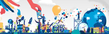 Colorful image of people working together, using their phones and bar charts to come up with an idea that is symbolized by a blimp in the shape of light bulb