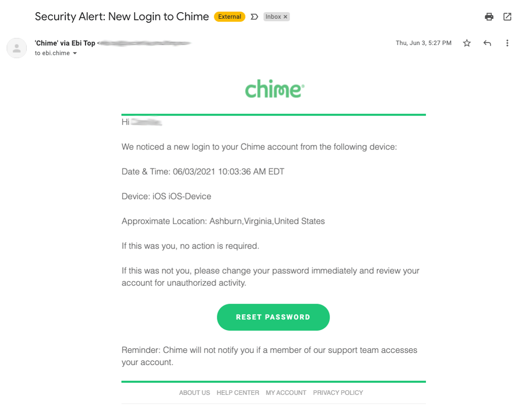 Suspicious activity alert in Chime