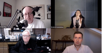 Screenshot of the podcasts participants: Erenia Kontolatou, Brett King, Jim Marous and Pawel Oltuszyk.